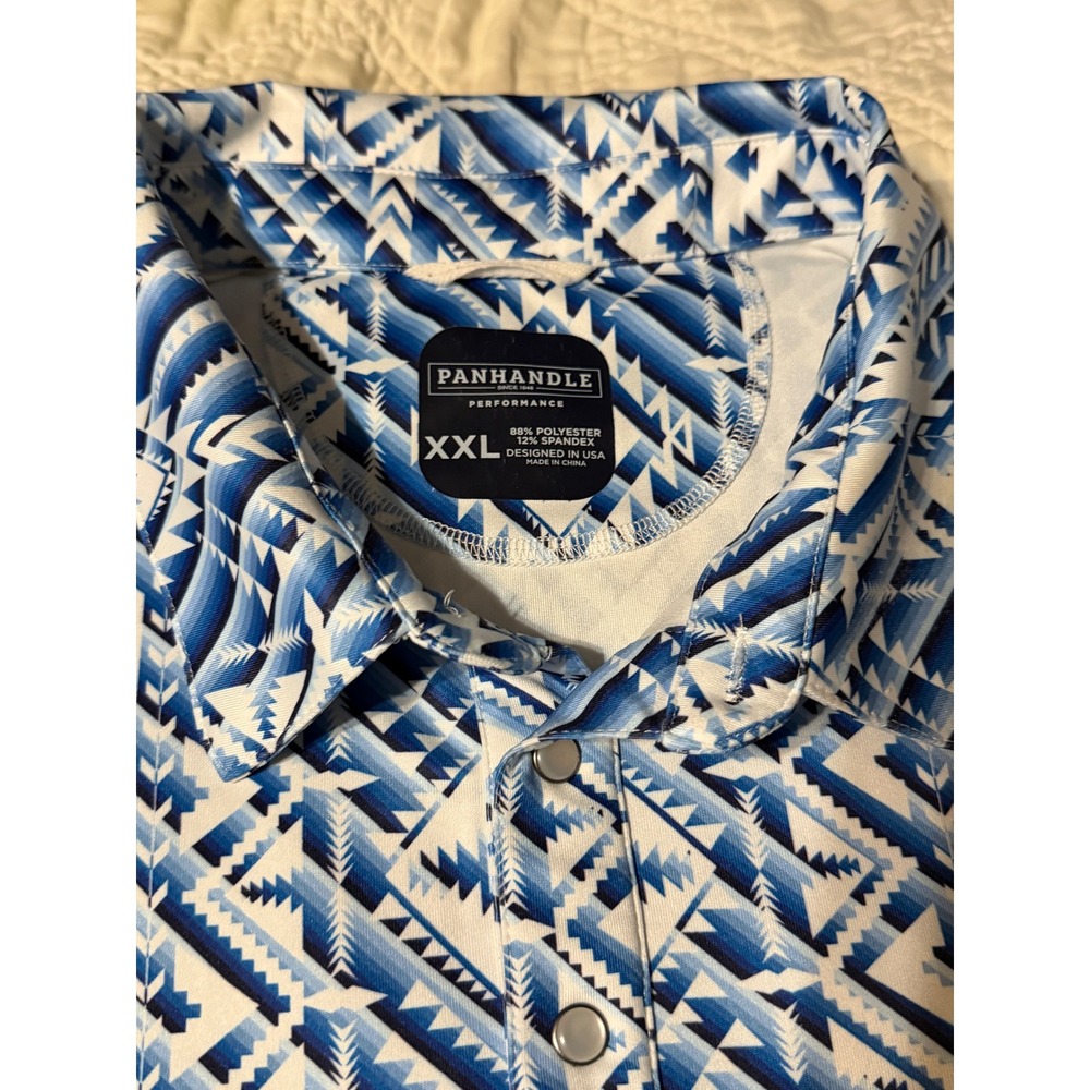 Panhandle Performance Mens XXL Blue White Aztec Southwestern Snap Polo Shirt - Picture 4 of 13